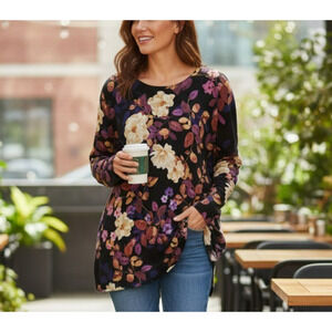 Chico's Floral Crew Neck Tunic Sweater Size Large / 2 Soft Autumn Fall Colors
